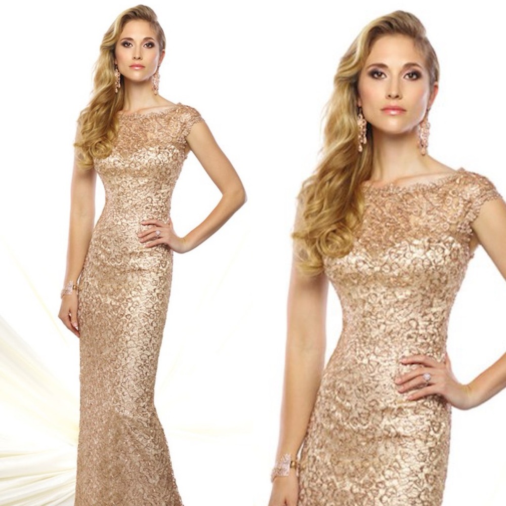 Montage by Mon Cheri Gold Lace Evening Gown